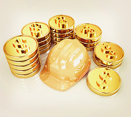 Image showing gold coin ctack around hard hat on a white background . 3D illus