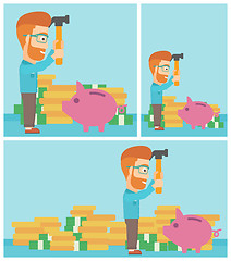 Image showing Man breaking piggy bank vector illustration.