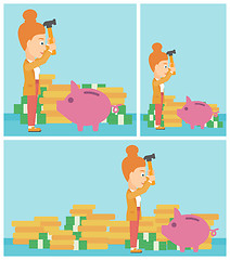 Image showing Woman breaking piggy bank vector illustration.