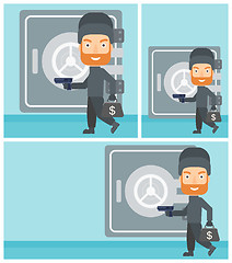 Image showing Burglar with gun near safe vector illustration.