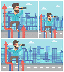 Image showing Businessman with spyglass on rising arrow.