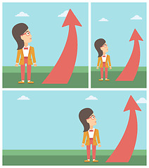 Image showing Business woman looking at arrow going up.