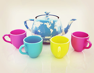 Image showing colorfull cups and teapot for earth. 3D illustration. Vintage st