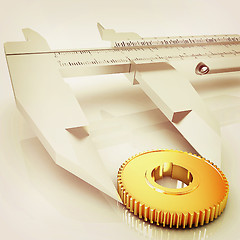 Image showing Vernier caliper measures the cogwheel . 3D illustration. Vintage