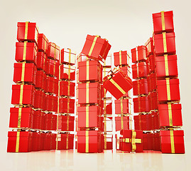 Image showing Bright christmas gifts on a white background . 3D illustration. 