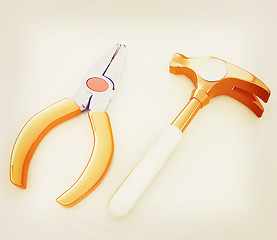 Image showing pliers and hammer. 3D illustration. Vintage style.