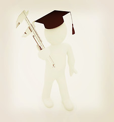 Image showing 3d man in graduation hat with vernier caliper . 3D illustration.
