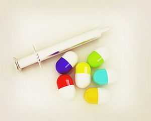 Image showing Pills and syringe . 3D illustration. Vintage style.