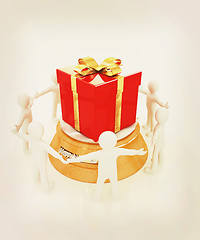 Image showing 3d man around red gift with gold ribbon. 3D illustration. Vintag