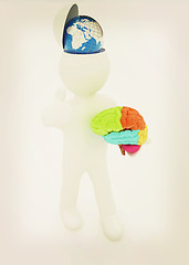 Image showing 3d people - man with half head, brain and trumb up. Traveling co