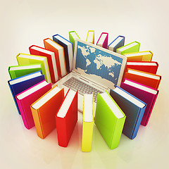 Image showing Laptop and books . 3D illustration. Vintage style.