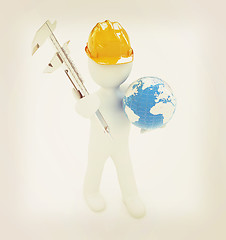 Image showing 3d man engineer in hard hat with vernier caliper and Earth. 3D i