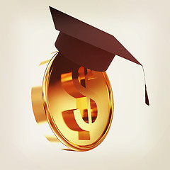 Image showing Graduation hat on gold dollar coin. 3D illustration. Vintage sty