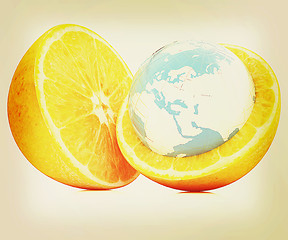 Image showing Earth on orange fruit. Creative conceptual image. . 3D illustrat