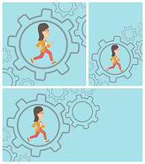 Image showing Business woman running inside the gear.