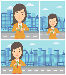 Image showing Woman putting money in pocket vector illustration.