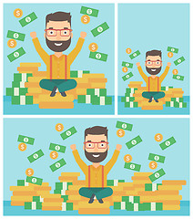 Image showing Happy businessman sitting on coins.