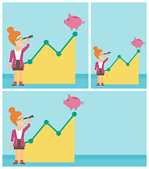 Image showing Business woman looking at piggy bank.