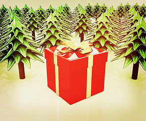 Image showing Christmas trees and gift. 3D illustration. Vintage style.