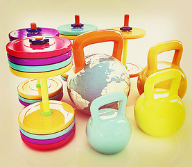 Image showing Colorful weights and dumbbells and earth. Global . 3D illustrati