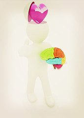 Image showing 3d people - man with half head, brain and trumb up. Love concept