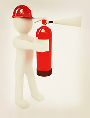 Image showing 3d man in hardhat with red fire extinguisher . 3D illustration. 