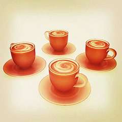 Image showing Coffee cups on saucer. 3D illustration. Vintage style.