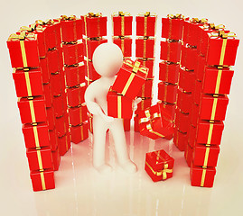 Image showing ?? ????? ???? 3d man and red gifts with gold ribbon. 