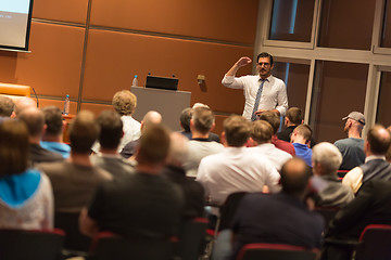 Image showing Business speaker giving a talk in conference hall.