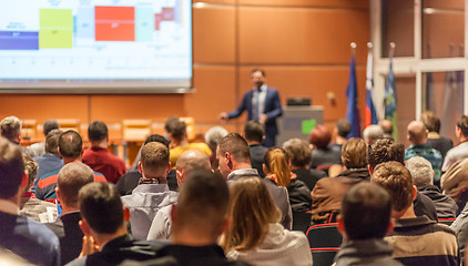 Image showing Business speaker giving a talk in conference hall.