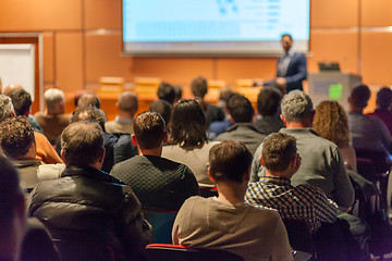 Image showing Business speaker giving a talk in conference hall.