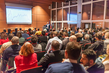 Image showing Business speaker giving a talk in conference hall.