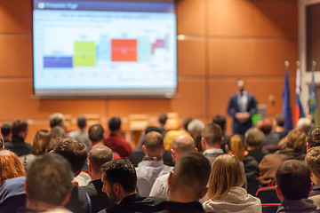 Image showing Business speaker giving a talk in conference hall.