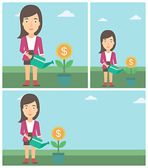 Image showing Business woman watering money flower.