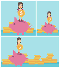 Image showing Business woman putting coin in piggy bank.