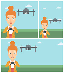 Image showing Woman flying drone vector illustration.