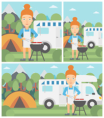 Image showing Woman having barbecue in front of camper van.