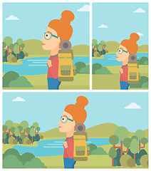 Image showing Woman with backpack hiking vector illustration.