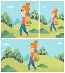 Image showing Woman with backpack hiking vector illustration.