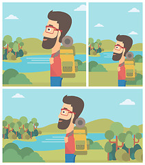 Image showing Man with backpack hiking vector illustration.