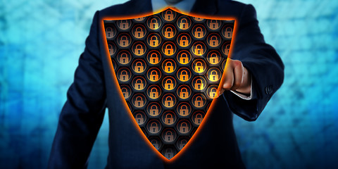 Image showing Businessman Activating Virtual Antivirus Shield 