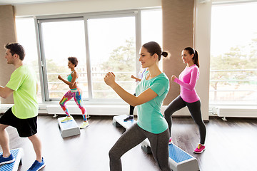 Image showing group of people exercising on steppers in gym