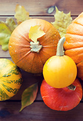 Image showing close up of pumpkins on wooden table at home