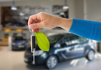 Image showing close up of hand holding car key with green leaf