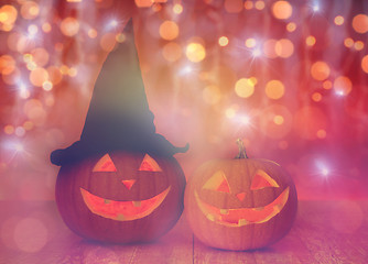 Image showing close up of carved halloween pumpkins on table