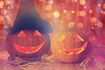 Image showing close up of carved halloween pumpkins on table