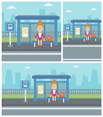 Image showing Woman waiting for bus at the bus stop.