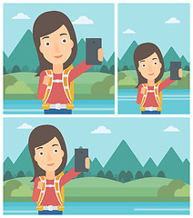 Image showing Woman with backpack making selfie.