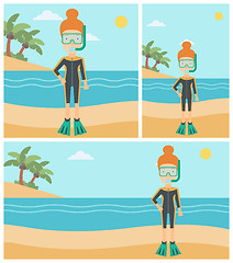 Image showing Female scuba diver on beach vector illustration.