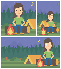 Image showing Woman sitting on log in the camping.